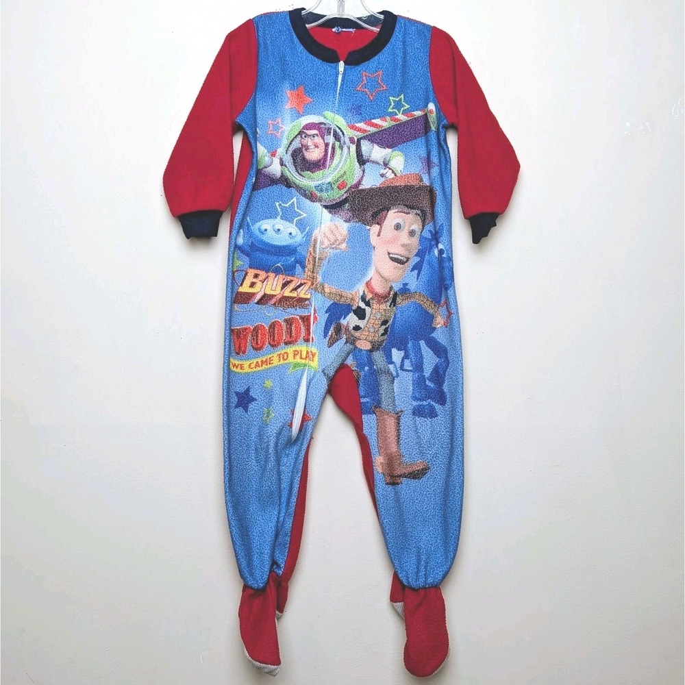 Vintage Toy Story Buzz Lightyear Woody Y2K Footed Fleece Pajamas Size 24 Months